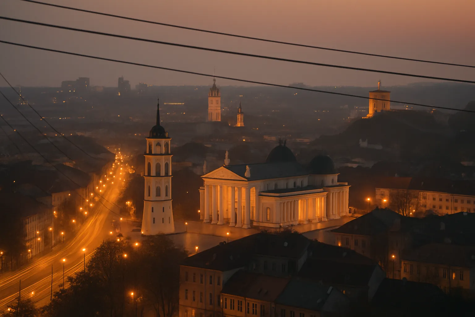 Vilnius at dusk with power lines